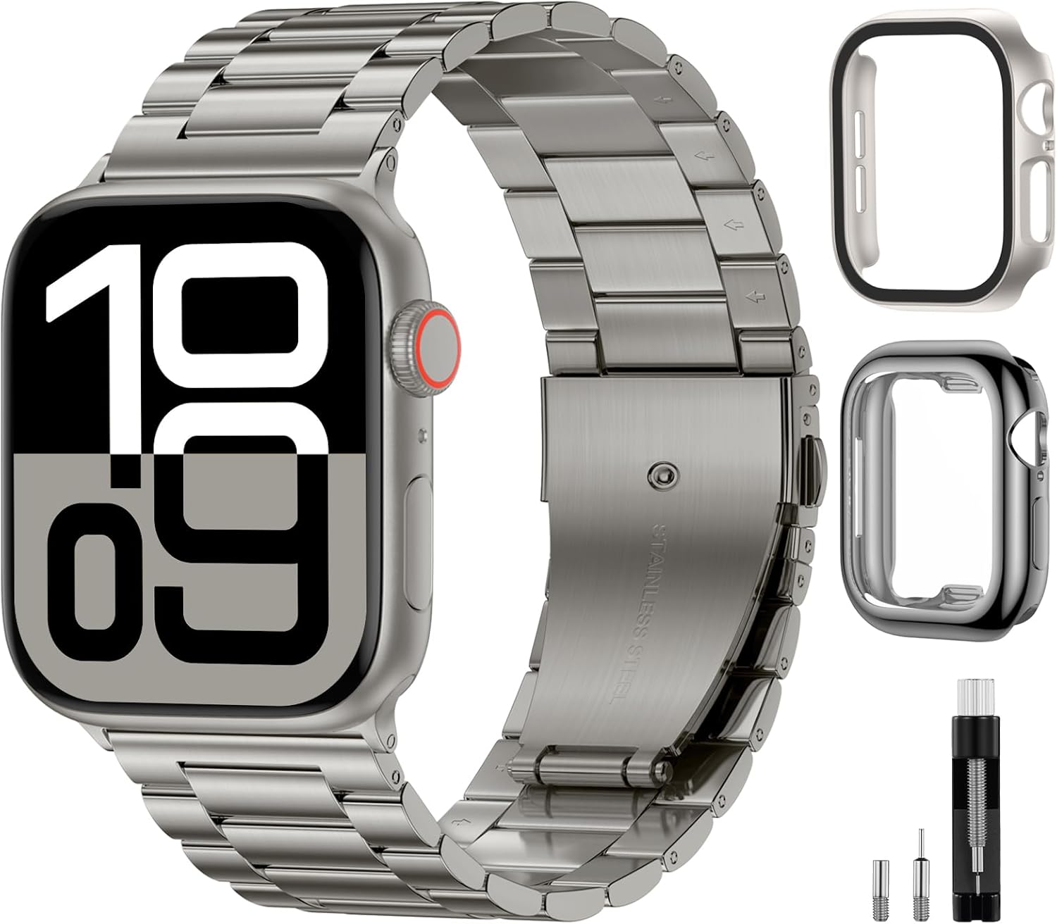 WJK Metal Band Compatible with Apple Watch Bands 45mm For Men Women, Stainless Steel Replacement Strap with 2 Pack Case Screen Protector Compatible for iWatch Series 9/8/7, Titanium