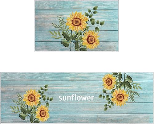 Alfombras de cocina para piso, estampado de girasol de granja en tablón de madera azul, 2 piezas, absorbentes, antideslizantes, cómodas, tapete de