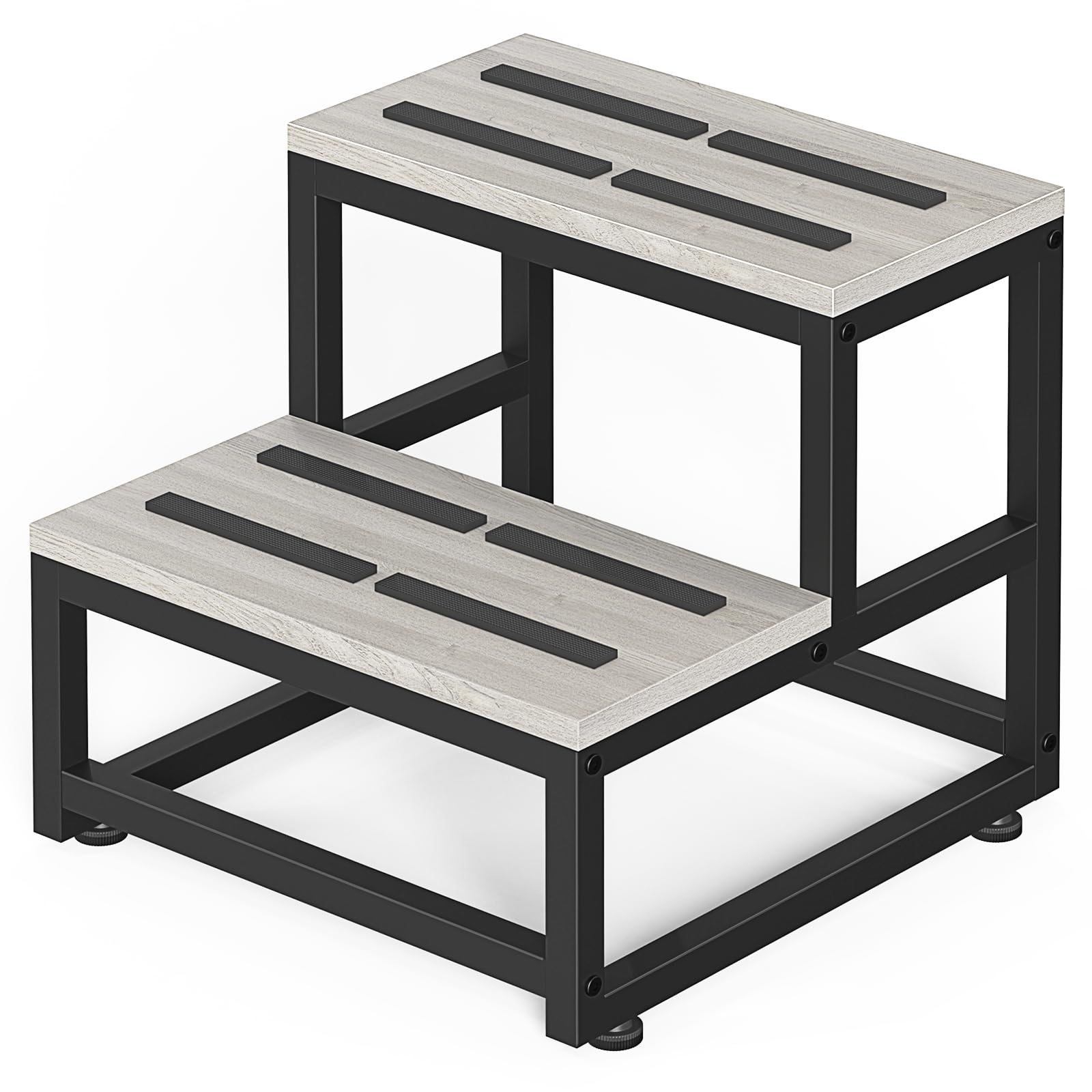 LIANTRAL Step Stools for Adults Kids, 2 Step Stool, Heavy Duty Steel and Sturdy Wooden Step Stool Helper, Supports Up to 200 kg, Foot Stool for High Bed Kitchen Bathroom, Grey