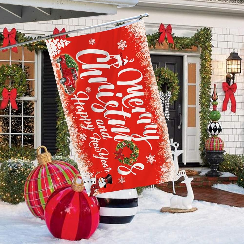 Bonsai Tree Christmas Flag 3x5 Ft, Double Sided and Double Stitched Merry Christmas Tree Flags with Brass Grommets, Red Truck Happy New Year Winter Welcome Garden Banners House Outdoor Decorations