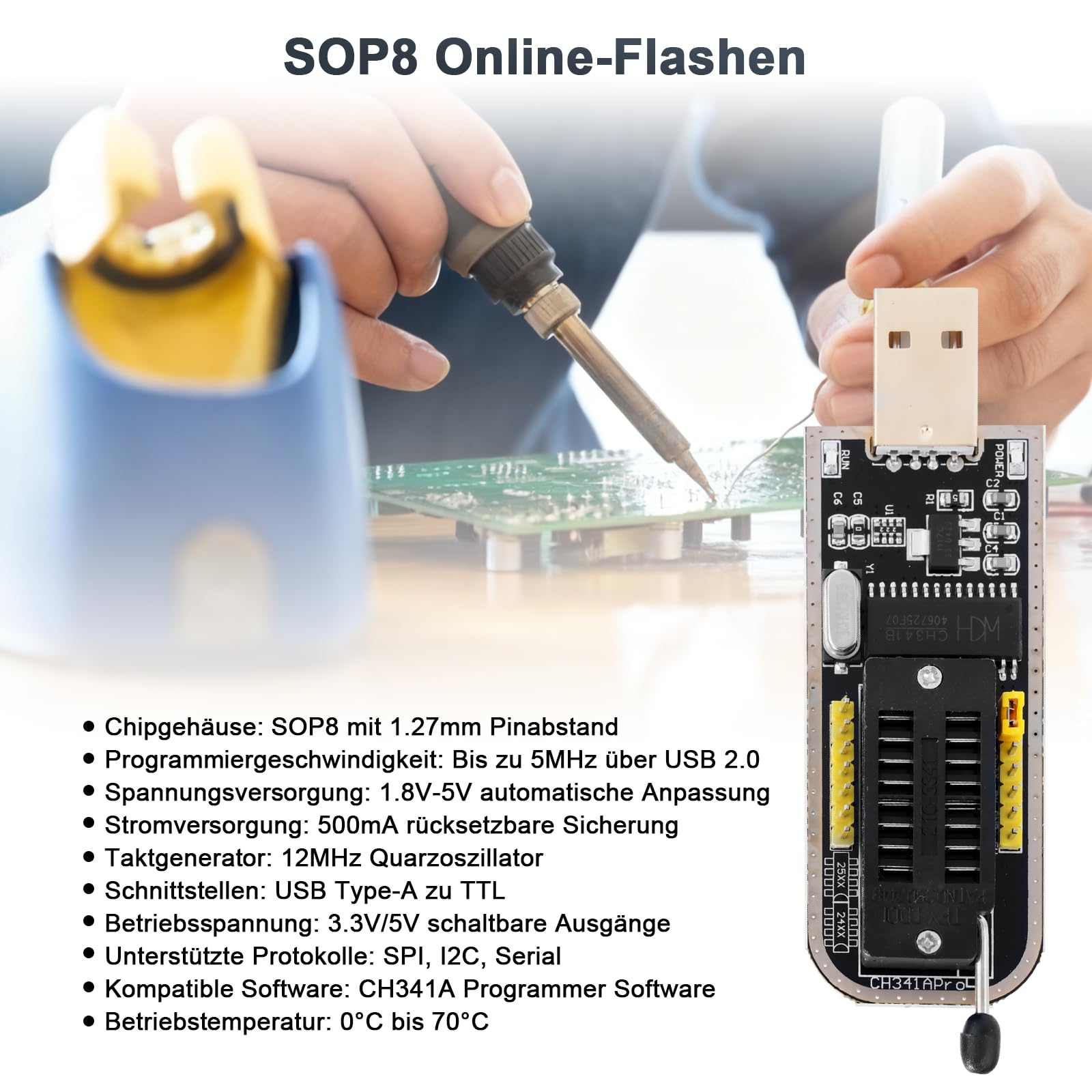 ARCELI SOP8 Testclip Programmeer Set – CH341A USB Programmeur + 1.8V Adapter + SOIC8 Clip Voor EEPROM 24/25 Serie