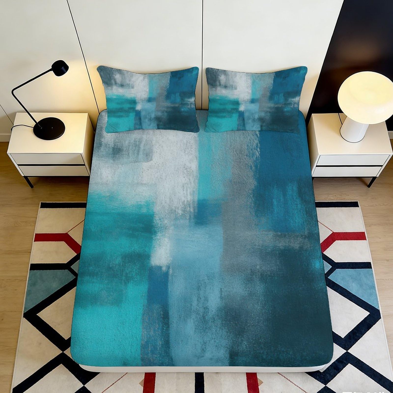 3D Printed Abstract Teal Blue Fitted Sheet Microfiber Soft Watercolor Art Mattress Cover for Bedroom Dorm Decor 90x200x25cm