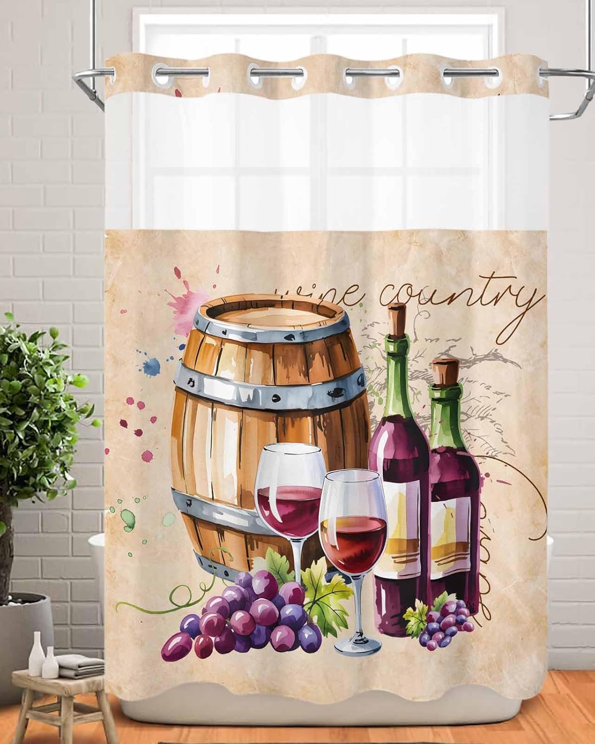 Prime Leader Wine Cask No Hook Shower Curtain with Snap in Liner Grape Wine Country Vintage Watercolor Shower Curtain for Bathroom, Fabric Waterproof Inner Liner with Mesh Top Window, 60x72