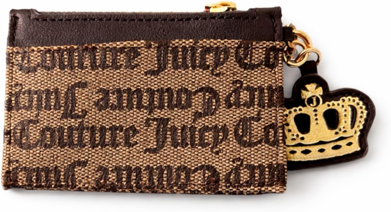 Juicy Couture Card Holder Wallet with Crown Charm, Brown Signature Print with Beige Accent, Zippered Coin Pouch, ID Window