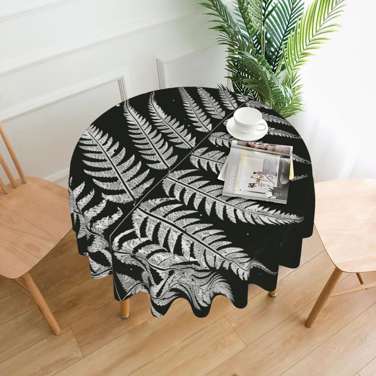 WPKJU Natural Plant Silhouette Fern Leaf Printed Round Tablecloth 60 in Water Resistant Table Cover Washable Table Cloth for Dining Tables