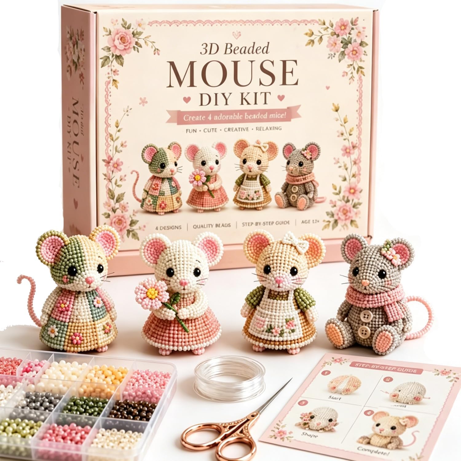 3D Creative Beaded Mini World DIY Kit Collection, Tiny 3D Beaded Animal DIY Kit, Petite Animal Craft Kit, DIY Creative Jewelry Art Craft, Gifts for Craft Lovers (Mouse Friends)