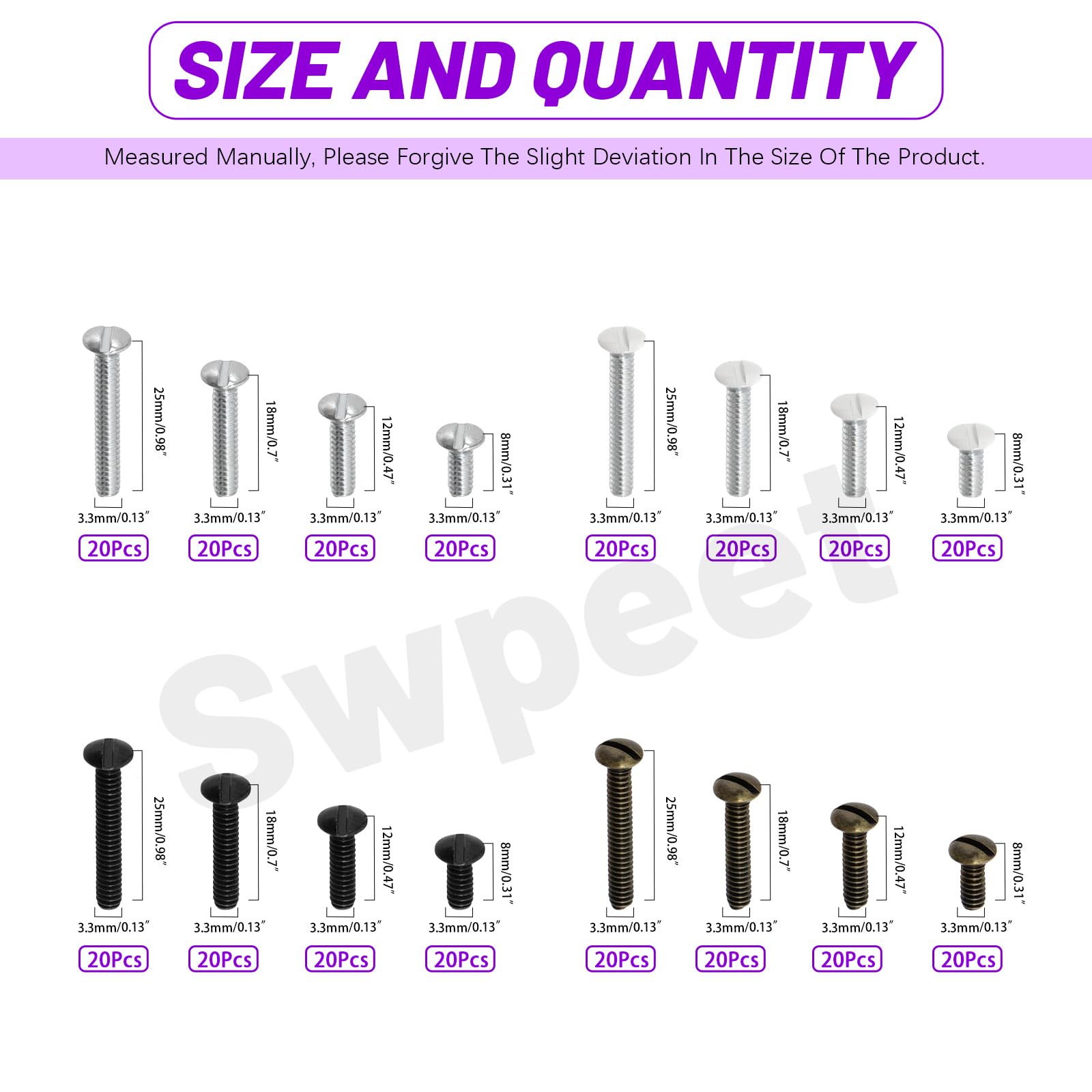 Swpeet 320 szt. 4 rozmiary # 6-32 gwint 3/8" 1/2" 3/4" 1" zestaw śrub do płytek ściennych, 4 kolory srebrny/czarny/brąz/kość słoniowa owalna śruba wyjściowa z łbem wtykowym