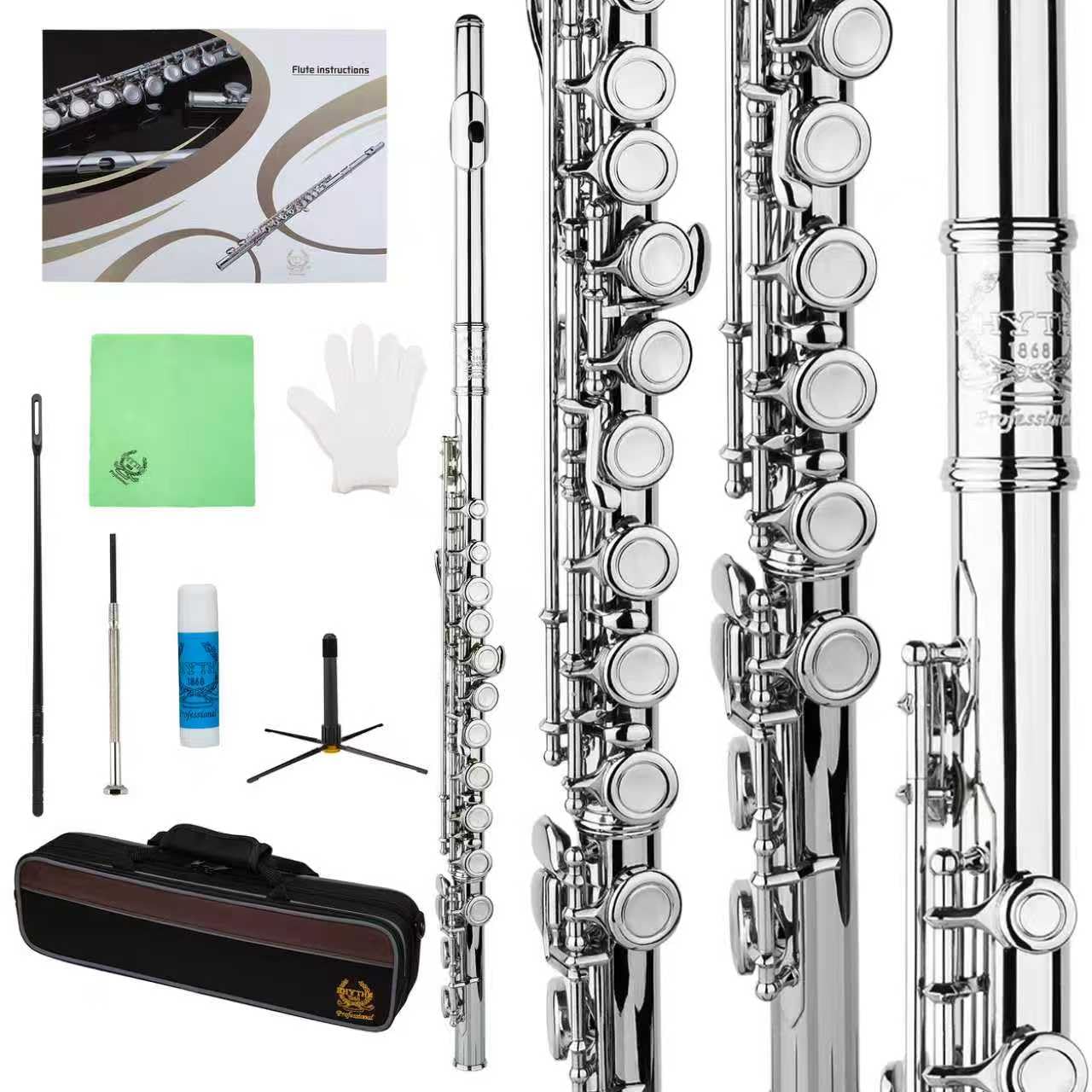 Rhythm C Flutes with Engraved Flower Closed Hole 16 Keys Flute For Student, Beginner with Stand, Carrying Case, Cleaning Kit, Gloves, Tuning Rod (Ni-Silver Color)