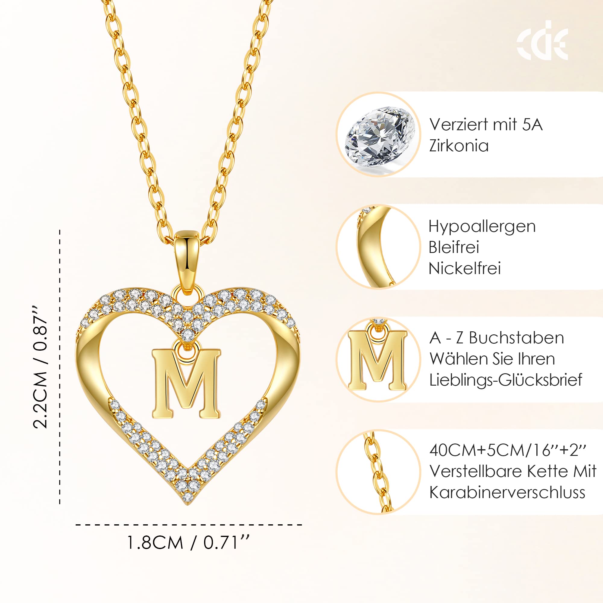 CDE Kette Damen 18K Vergoldet Halskette Initialen Herz Anhänger Buchstabenkette für Damen A-Z Personalisiert Kette Schmuck Geburtstags Geschenk für Teenager Mädchen Frauen Valentinstag Weihnachten