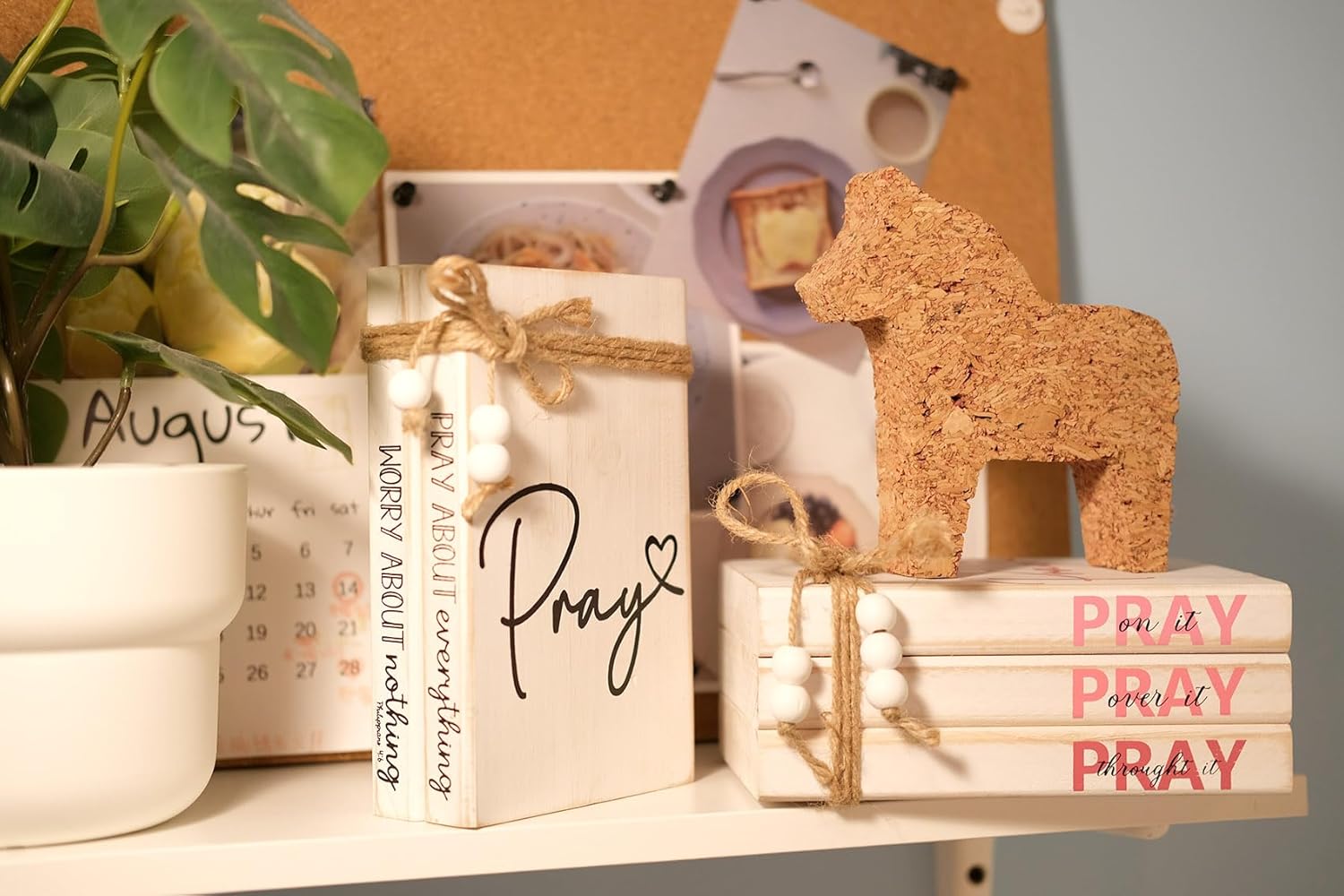 LIVDUCOT Pink Wood Book Stack Pray Christian Home Decor for Women - Wooden Block Sign Table Decoration - Inspiration Prayer Office Decor Religious Gift