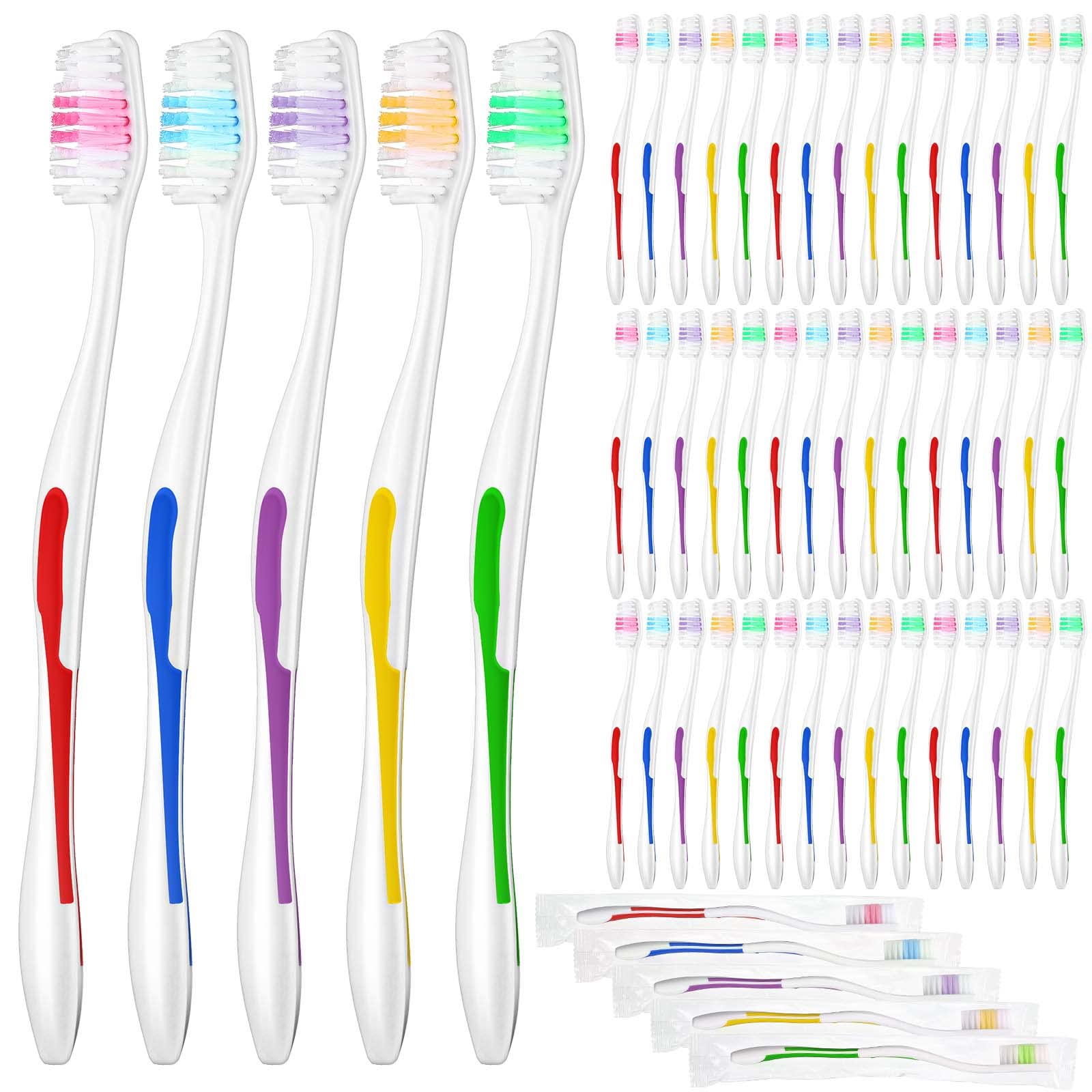 Chengu 150 Pack Individually Wrapped Bulk Toothbrush Disposable Travel Colorful Soft Bristle Ergonomics Handle Toothbrush for Travel, Hotel, Donation,