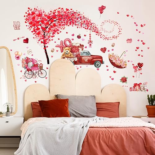 Miniatura 5 de 2 hojas de calcomanías de pared para el día de San Valentín, árbol de corazón, árbol rojo, camión, día de San Valentín, calcomanías de pared