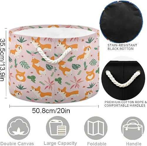 Miniatura 5 de visesunny Cesta plegable de gran capacidad para perro Corgi con hojas tropicales para almacenamiento de juguetes con asas de algodón duraderas,