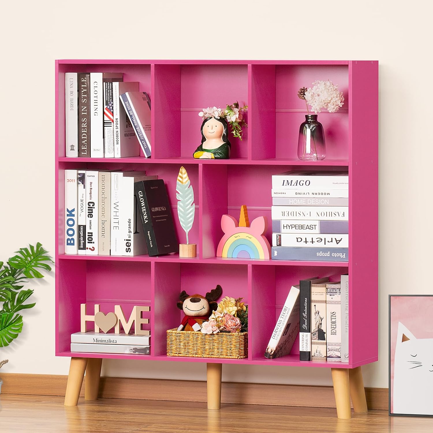 LEYAOYAO Bookshelf,3 Tier Book Shelf with Legs,Pink Modern