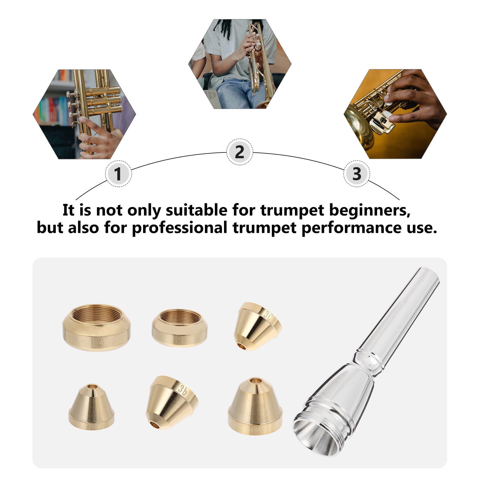 Ciieeo Set di 7 Beccucci per Tromba in Ottone Placcato Argento, Compatibili con Tutti i Tipi di Tromba, Facili da Utilizzare per Esibizioni Professionali