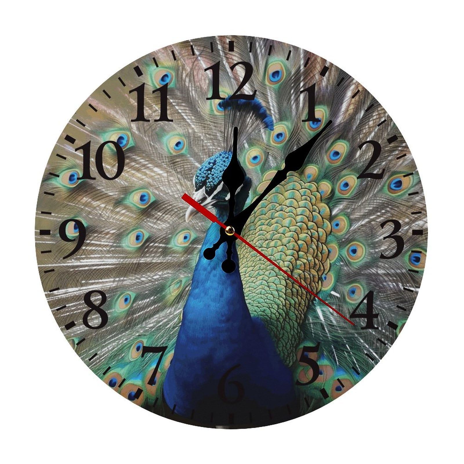 Horloge murale paon silencieuse noire à grands chiffres arabes de 30 cm