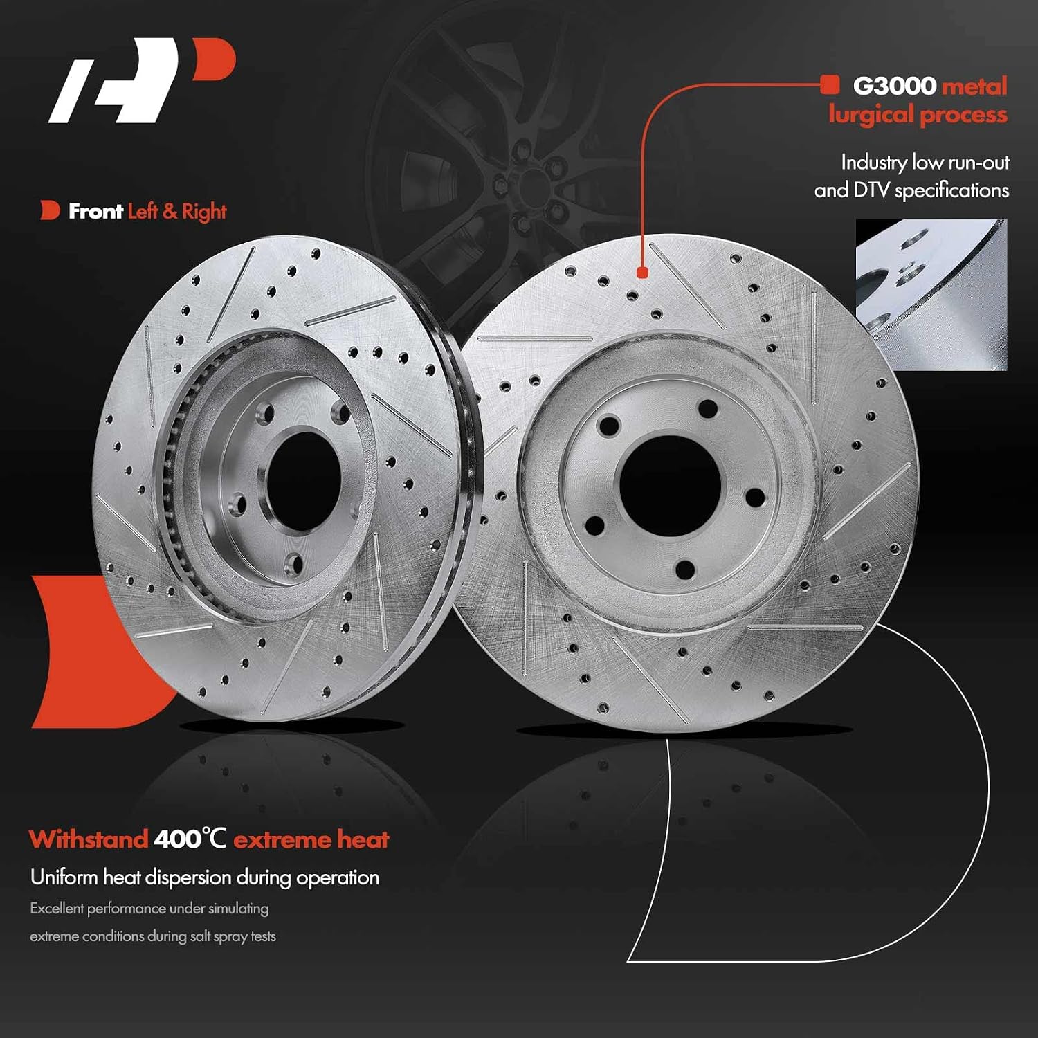 A-Premium 12.58 inch (319.6mm) Front Drilled and Slotted Disc Brake Rotors + Ceramic Pads Kit Compatible with Select Nissan Models - Maxima 2009 2010 2011 2012 2013 2014 2016 2017 2018 2019, 6-PC