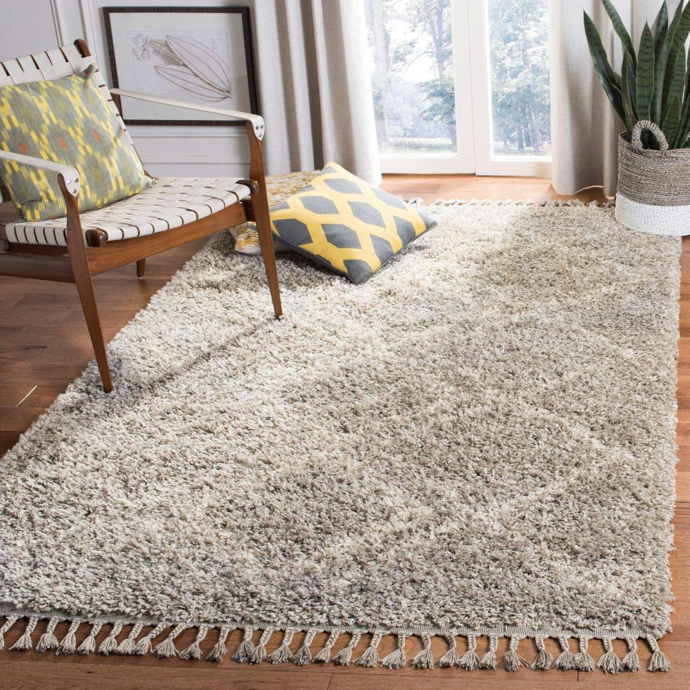 SAFAVIEH Pro Luxe Shag Collection Area Rug - 6' x 9', Grey & Cream, Moroccan Boho Tassel Design, Non-Shedding & Easy Care, 2.4-inch Thick Ideal for High Traffic Areas in Living Room, Bedroom (PLX432F)