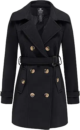wantdo Women's Double Breasted Pea Coat Winter Mid-Long Trench Coat with Belt