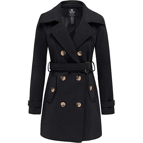 wantdo Women's Double Breasted Pea Coat Winter Mid-Long Trench Coat with Belt