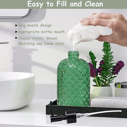 Miniatura 10 de Juego de dispensador de jabón de vidrio negro con bomba de bambú, dispensador de jabón líquido recargable de 13.5 onzas, dispensador de jabón para