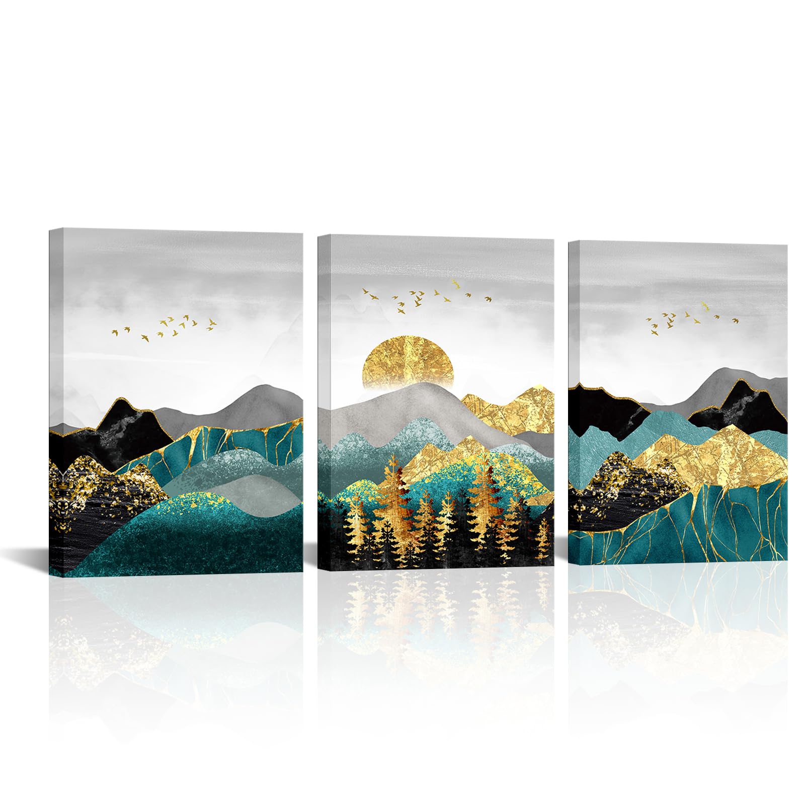 VANSEEING 3 Pieces Mountain Abstract Canvas Wall Art Emerald Green Gold Grey Forest Sunset Landscape Print Paitning Minimalist Nordic Modern Artwork Wall Decor for Living Room 12x16inchx3pcs