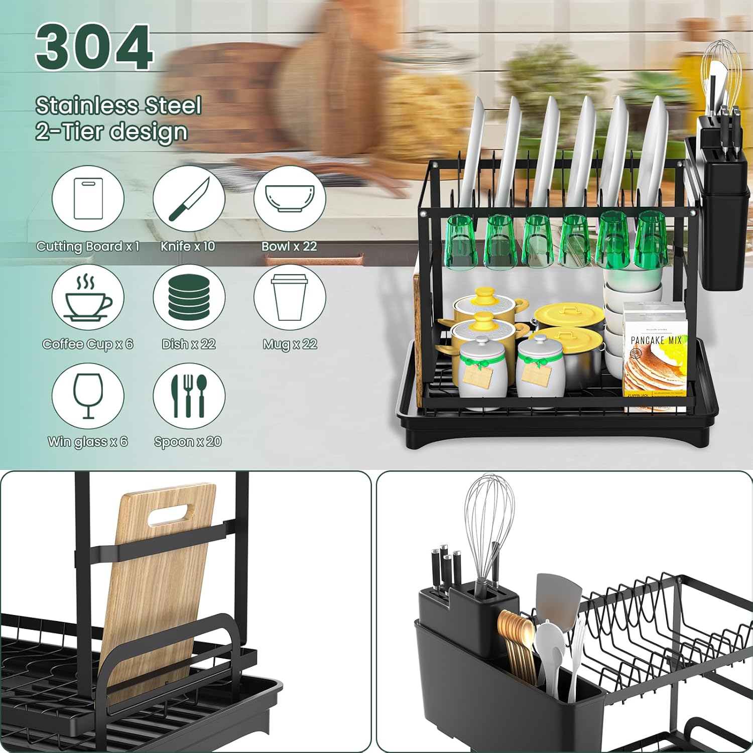 Dish Drying Rack,2-Tier Dish Racks for Kitchen Counterwith Drainboard & Utensil Holder,Large Dish Drying Rack for Bowls/Cups/Bottles(Black)