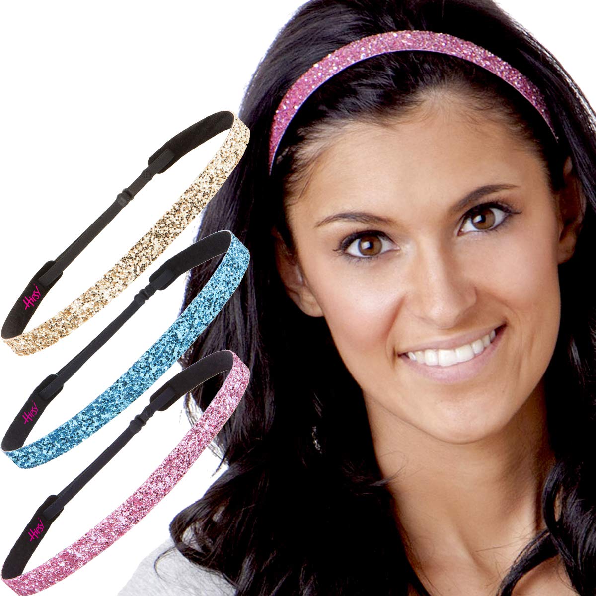 Hipsy 3pk Girl's Adjustable NON SLIP Skinny Bling Glitter Headband Multi Pack (Teal/Light Pink/Gold)