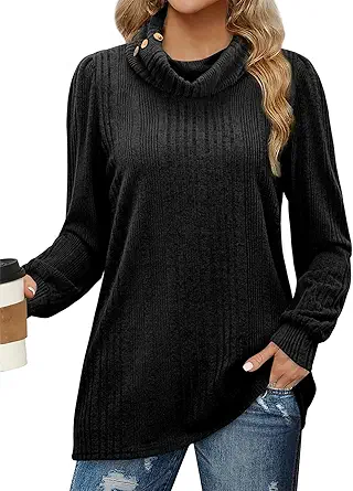 Bulotus Women's Turtleneck Tunic Sweaters Long Sleeve Ribbed Knit Comfy Loose Casual Fall Sweater