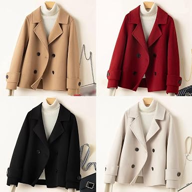 Women Peacoat Double Breasted Wool Blend Jacket Notched Lapel