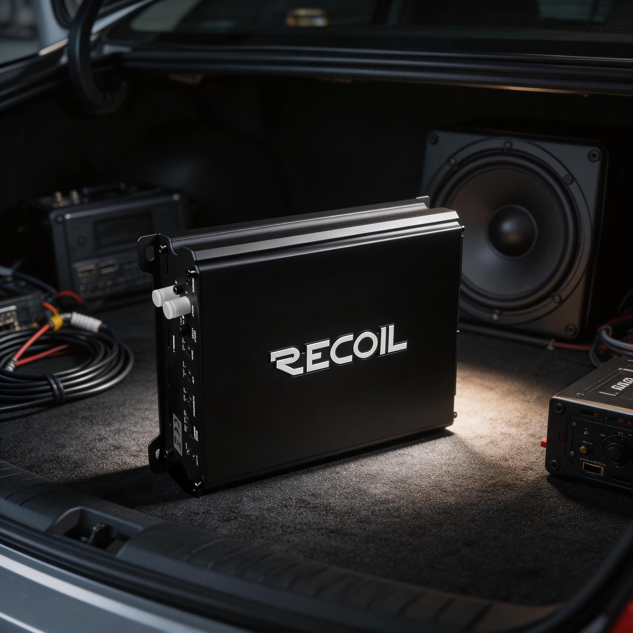 Recoil DI600.1 1200W Max Amplificador Mono Clase D para Subwoofer – 600W RMS @1 Ohm, 385W RMS @2 Ohm, Fuente de alimentación MOSFET, Perilla de graves remota, Estable 2/4 Ohm, Amplificador de Coche