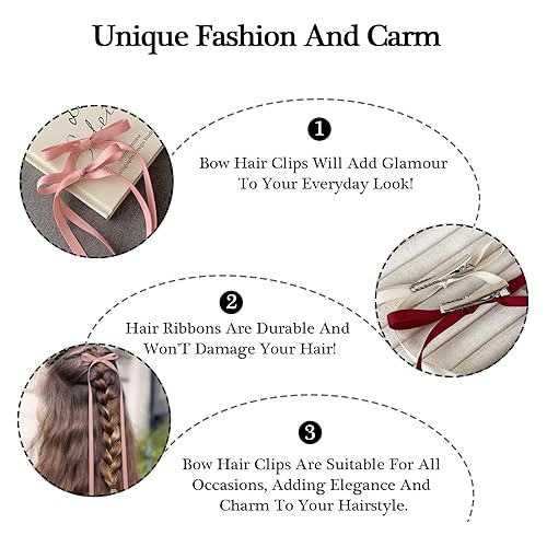 Miniatura 6 de Pinzas para el pelo con lazo, 2 lazos para el pelo rosados, cintas para el pelo con borlas, lazo largo de satén para el cabello, accesorios para el