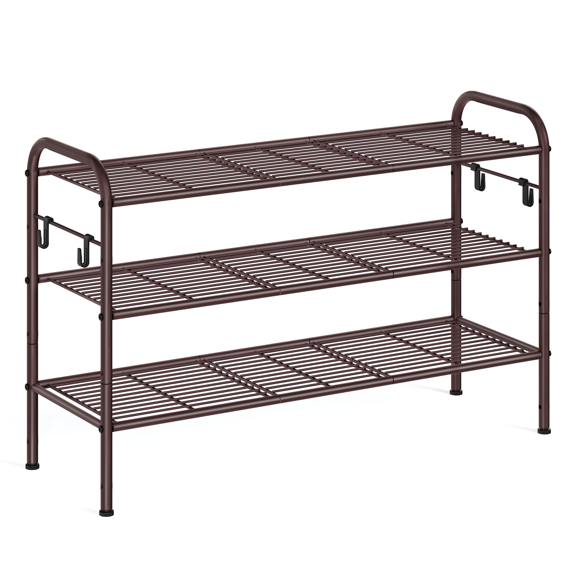 SONGMICS Shoe Rack, 3-Tier Shoe Organizer, Metal Shoe Shelf Storage with 4 Side Hooks, Holds 15 Pairs of Shoes, Height-Adjustable Shoe Rack for Entryway, Hallway, Closet, Easy Assembly, Ches