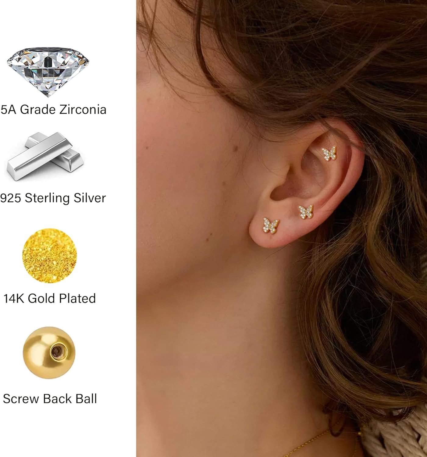 14K Gold Plated Butterfly Stud Earrings for Women Small Hypoallergenic Cubic Zirconia Earrings Trendy Dainty Cute Screw Back Ear Studs Minimalist Everyday Wear - Image 2