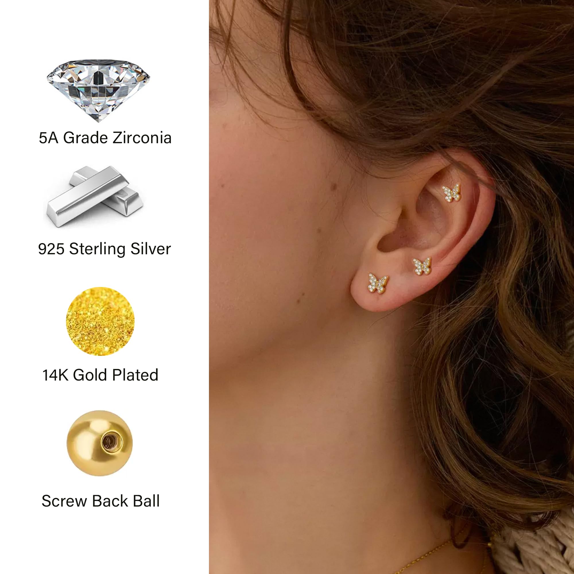 14K Gold Plated Butterfly Stud Earrings for Women Small Hypoallergenic Cubic Zirconia Earrings Trendy Dainty Cute Screw Back Ear Studs Minimalist Everyday Wear