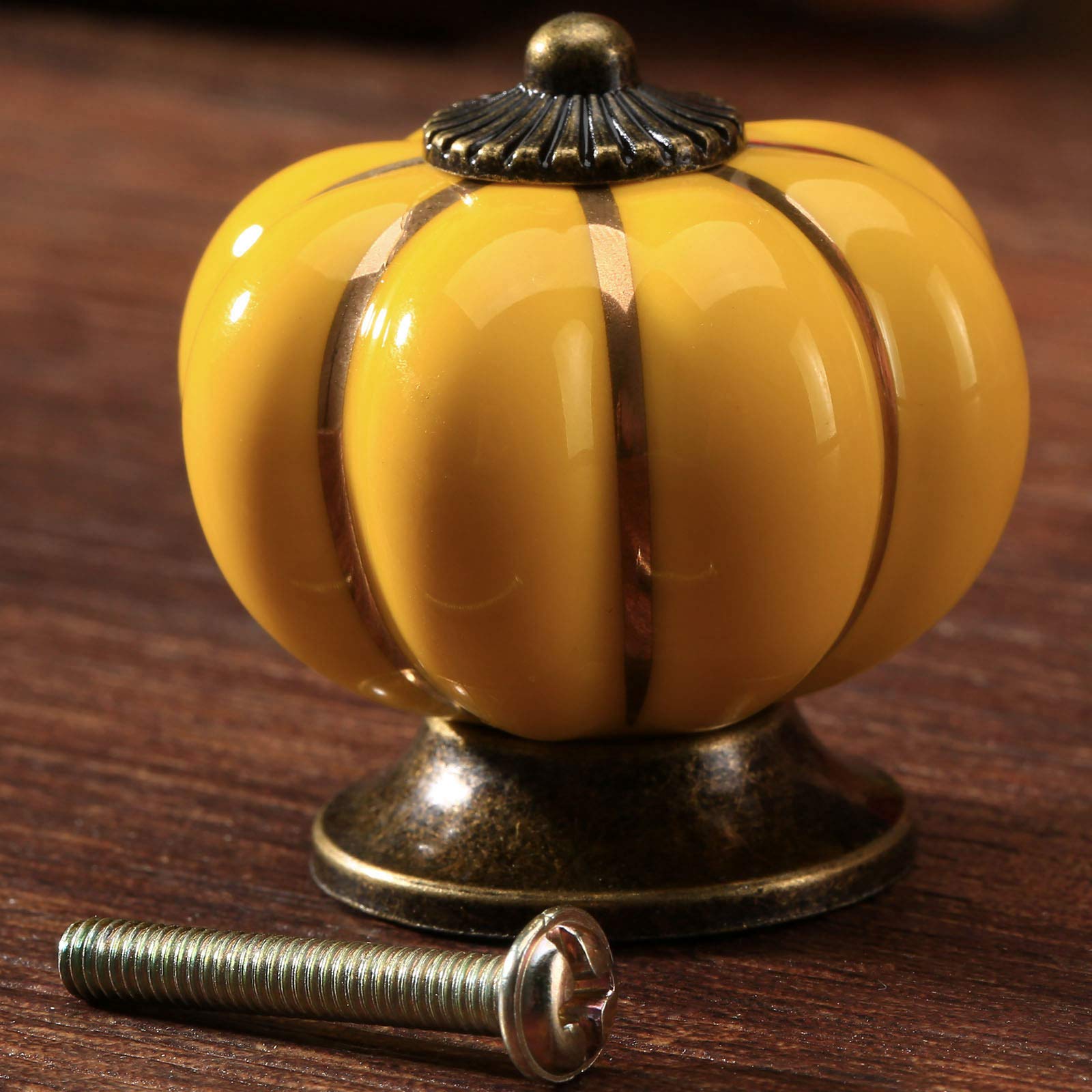 Mgoodoo Set of 2 Ceramic Pumpkin Design Drawer Knobs, Yellow, 2pcs - Image 2