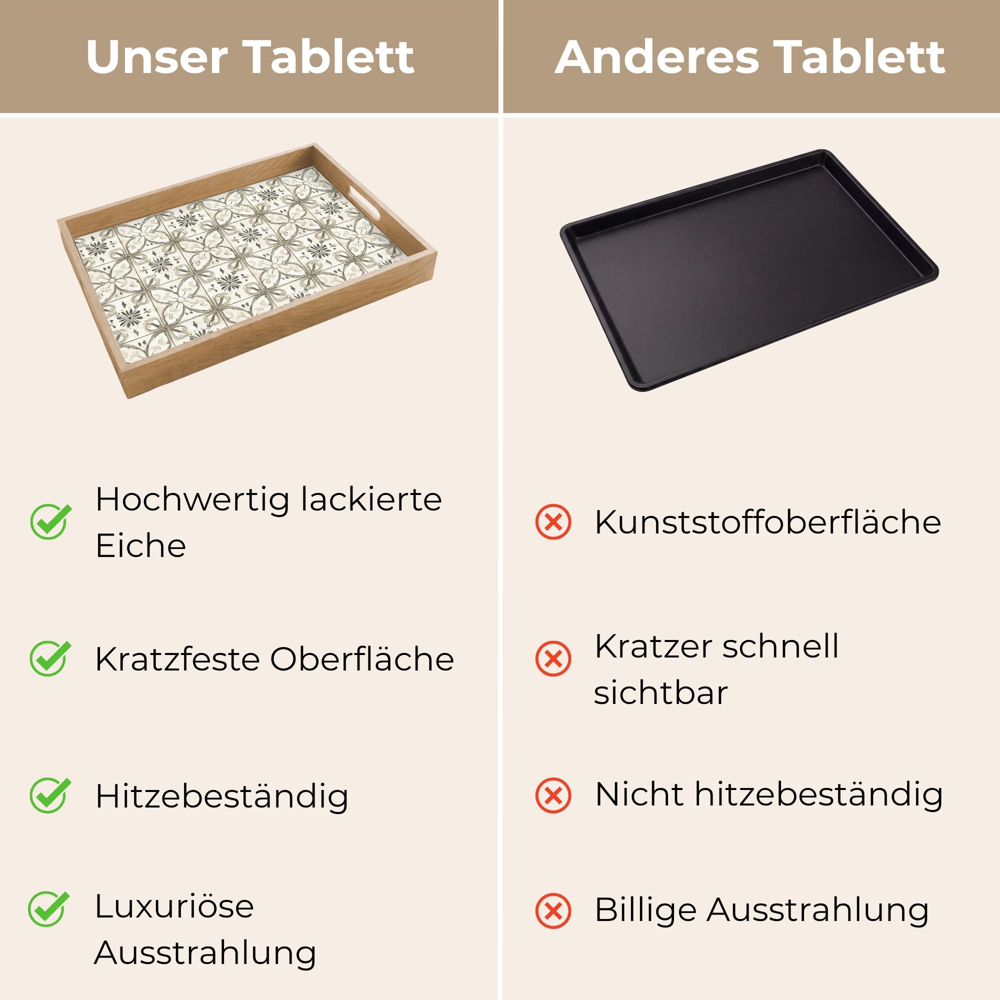 Holztablett Rechteckig 50x35 cm Küchentablett Servier Tablett Eiche Serviertablett Holz Servierplatte Mit Henkel Tray Kaffeetablett Antik - Fliese - Beige