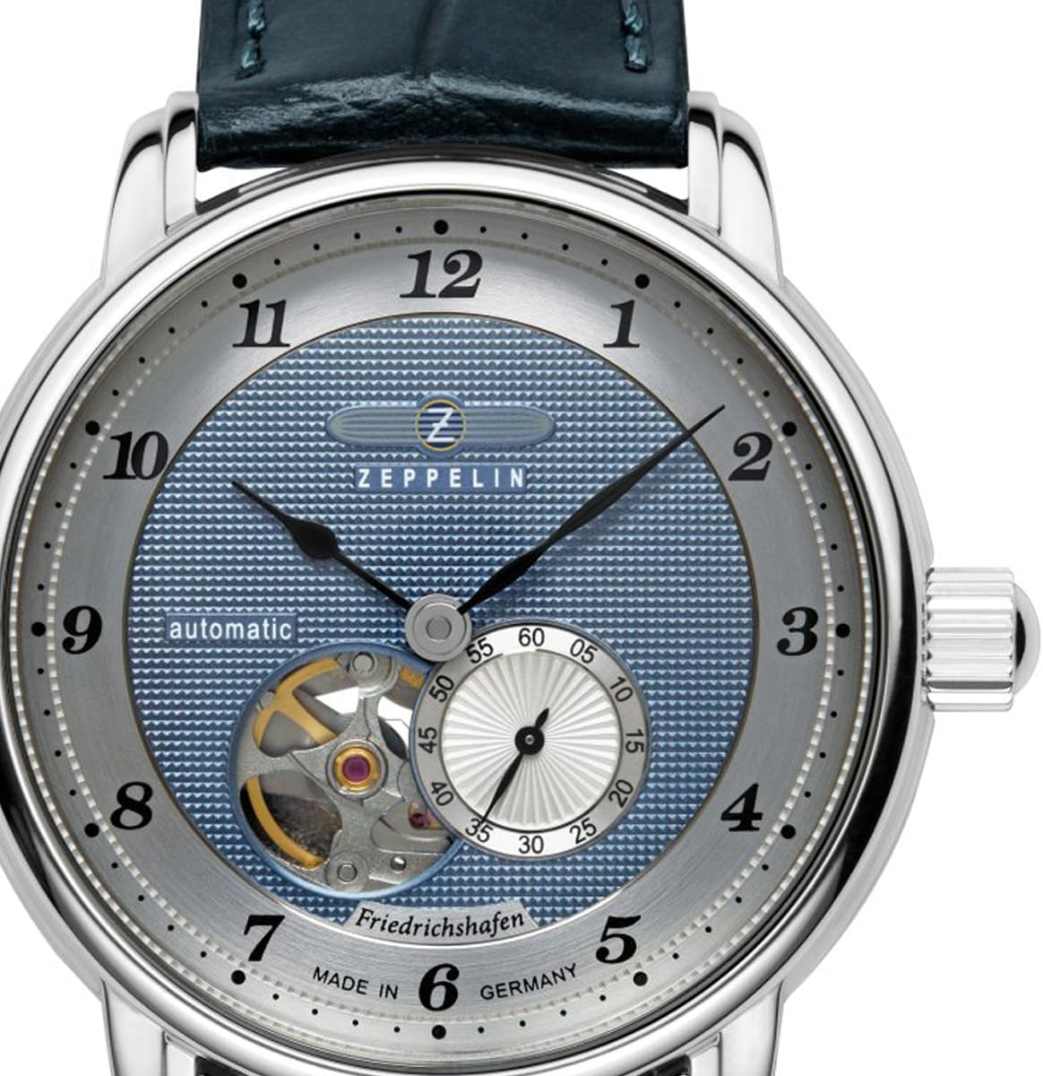Zeppelin Z85663 Mens Friedrichshafen Leather Strap Blue Open Heart Dial Automatic Watch