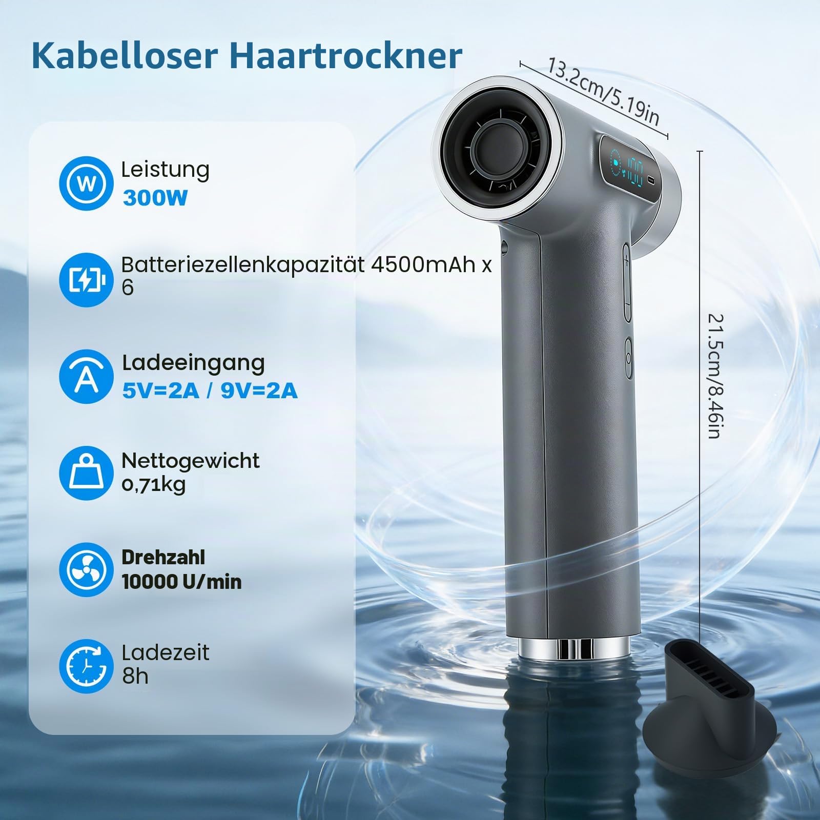 Akku Föhn Kabellos mit 27000mAh & 100 Stufen, Wiederaufladbarer Haartrockner mit 10W U/min Motor, Tragbarer Fön für Reise Camping Zuhause – 18W USB-C Schnellladung