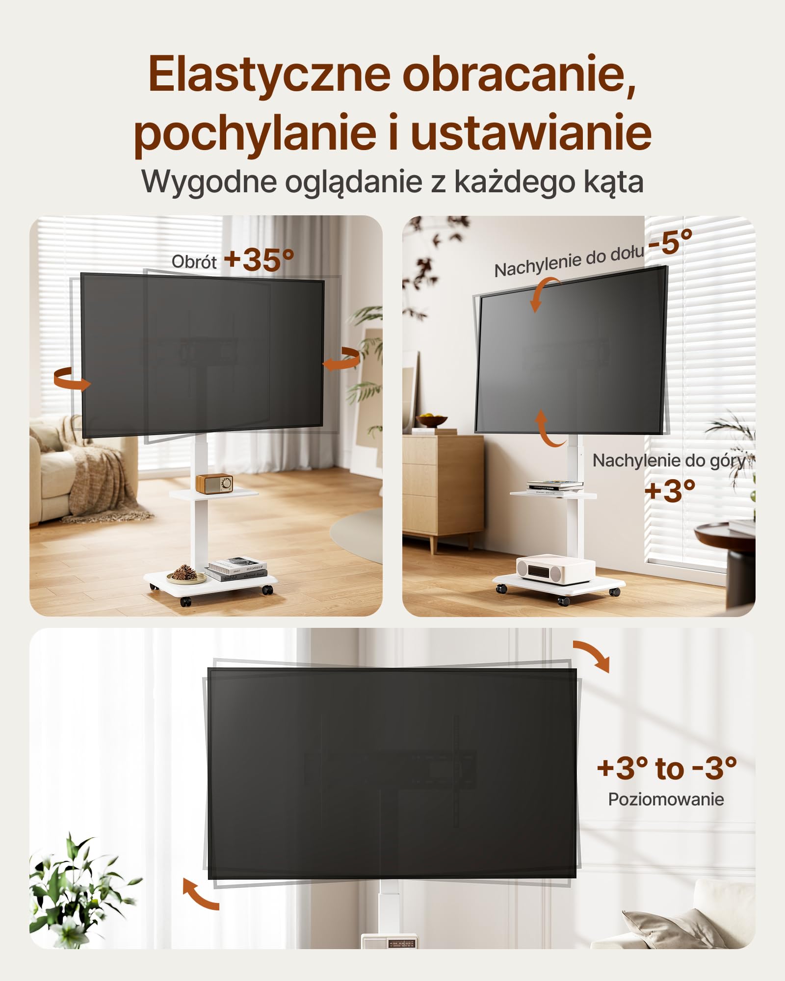 VESA VESA stojak na telewizor ze stali na kółkach do 37-75 cali do 50 kg, VESA 600 x 400 | Regulowana wysokość, wychylny stojak pod telewizor z półką, ukryte zarządzanie kablami, regulacja poziomu ± 3°, biały