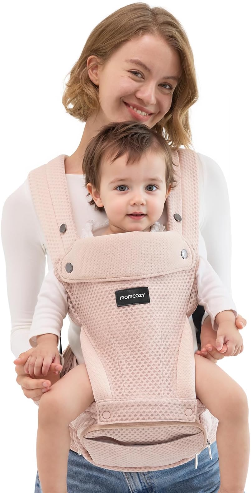 Momcozy Baby Carrier with Hip Seat, 2-in-1 Detachable Hands-Free Carrier for Long Walks, Forward-Facing Carry up to 44lbs, Breathable Infant Carrier, Fits Waists up to 45 Inches, AirMesh Pink
