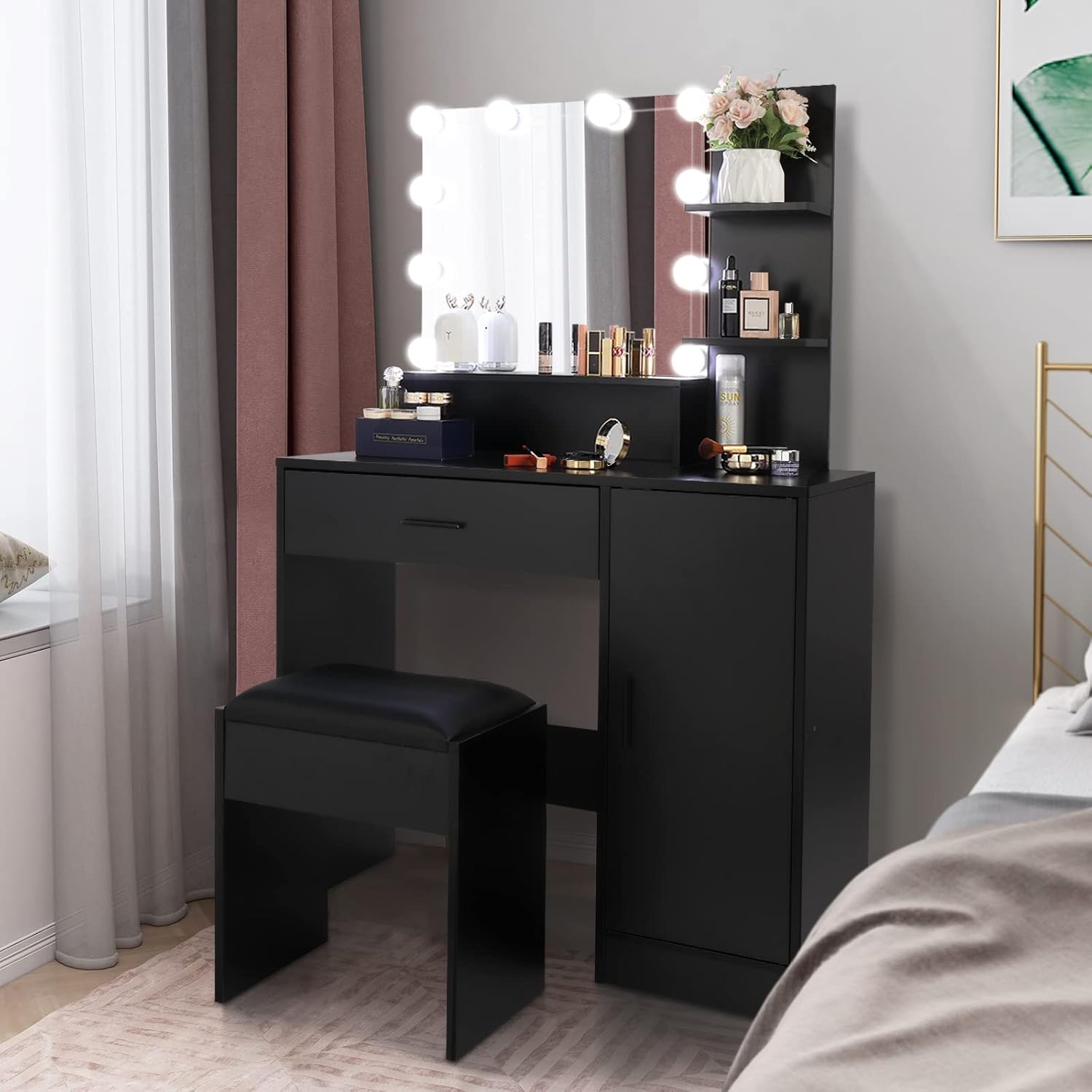 Vanity Desk Set with Mirror & Light, Vanity Desk with Large Drawer & Shelves & Cabinet, 3 Lighting Modes Adjustable Brightness, Dressing Table Set for Bedroom, Black (Model - E)