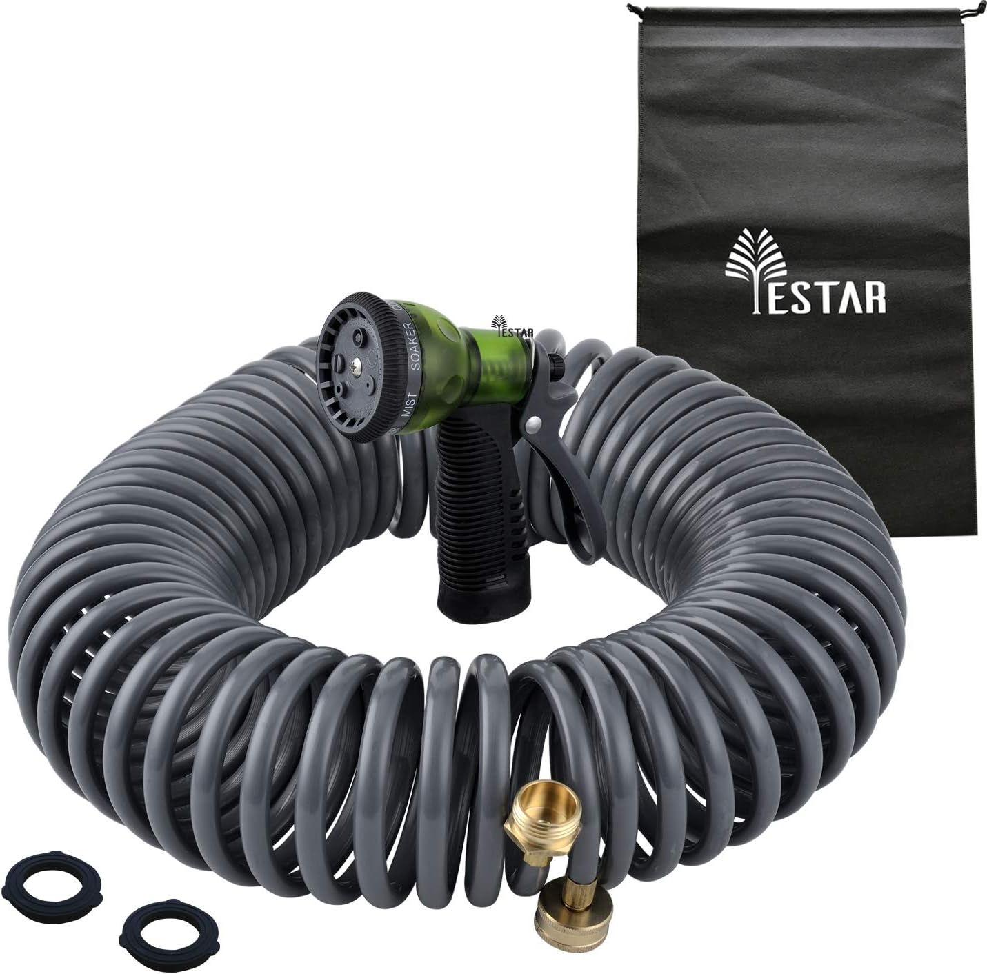 Expandable Portable 50Ft Garden Coil Hose, 3/4" Solid Brass Fittings, Leak Proof Connector, Flexible Water Hose with 7-Pattern Spray Nozzle, Easy to Storage, Kink Free Compact and Durable