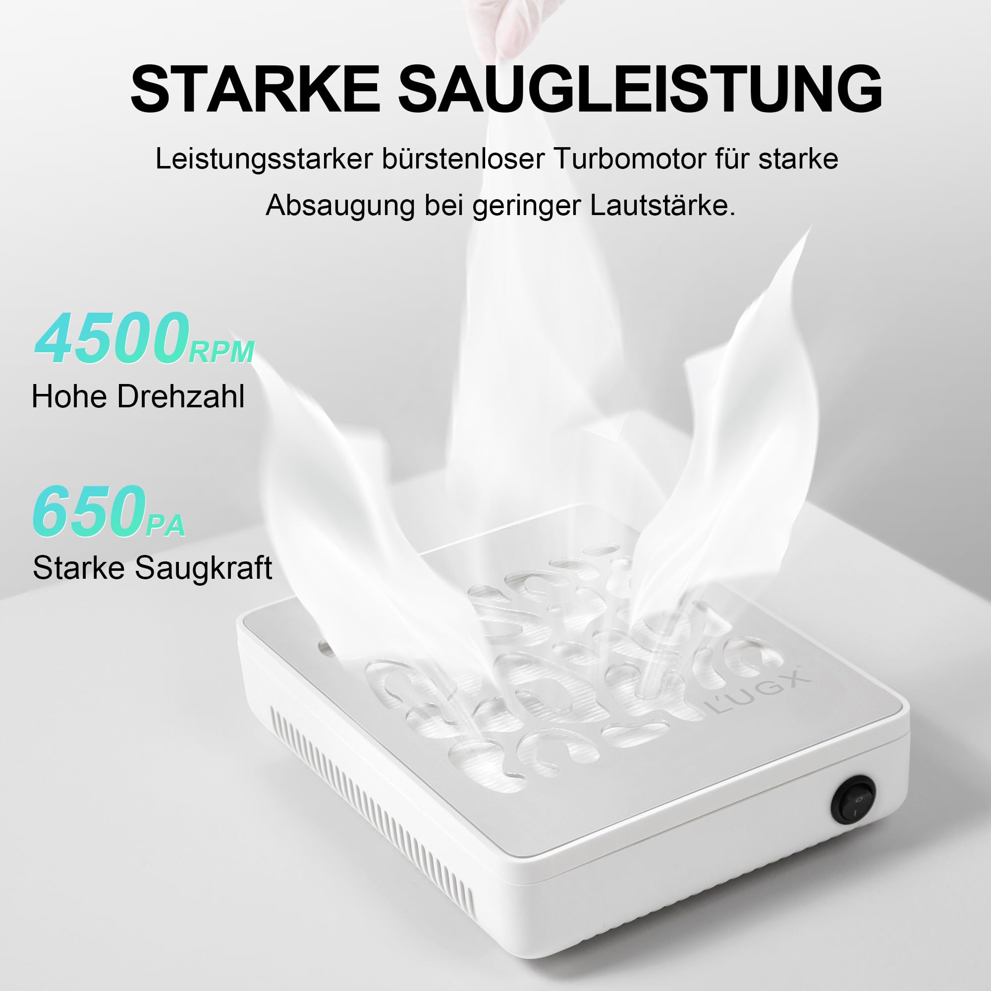 L’UGX Professionelle Staubabsaugung für Nägel, 650Pa Profi Absaugung, 4500 U/min Bürstenloser Motor, Leise, Für Maniküre & Pediküre, inkl. 30 Filterpapier - 608S
