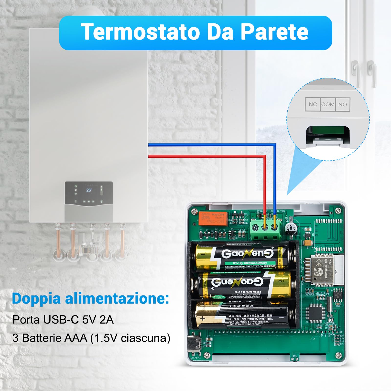 Termostato WiFi, Termostato Caldaia Programmabile, Intelligente 503 da Parete, LCD Digitale Touchscreen, per Alexa e Google Assistant, a Batteria, 3A, Bianco