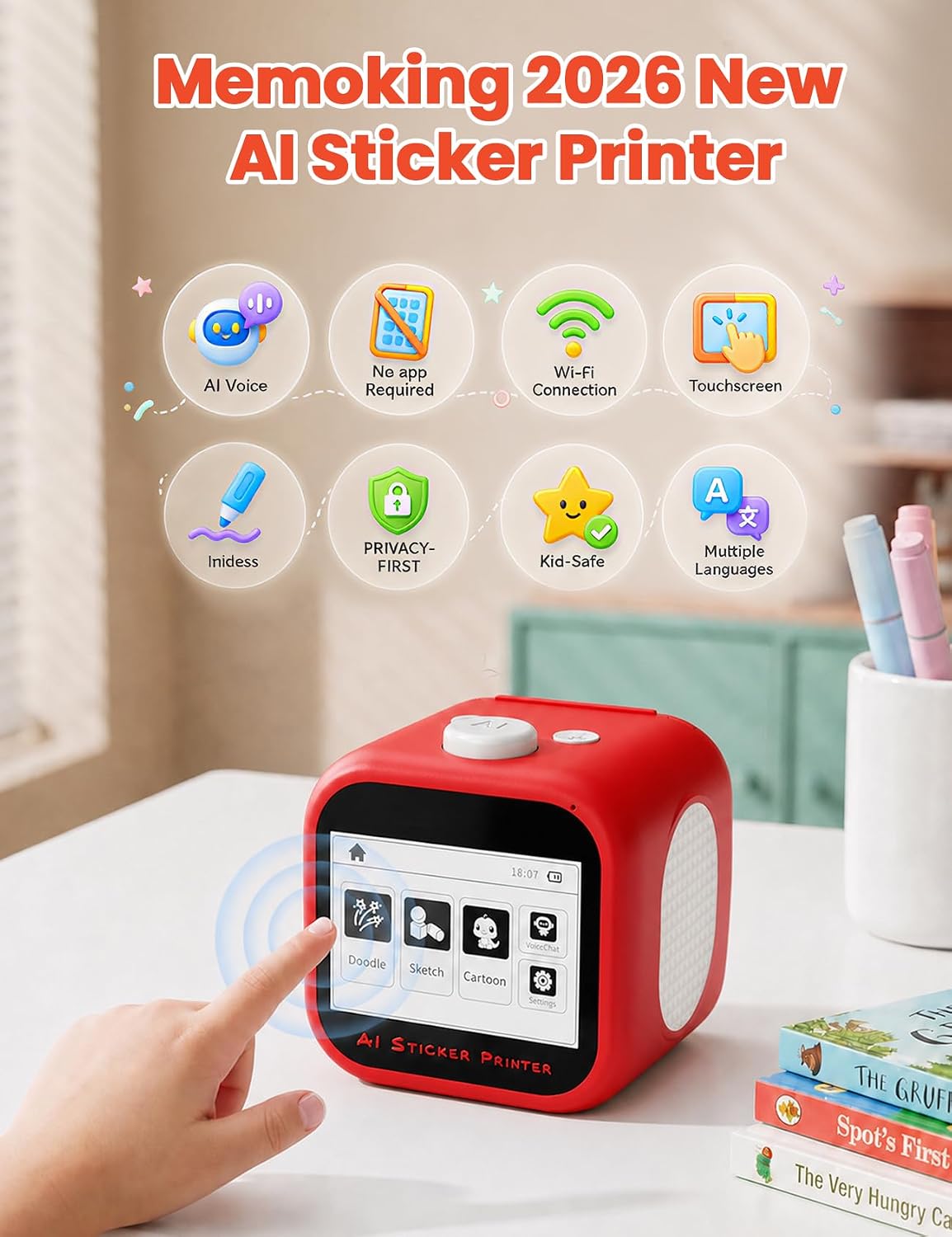 AI Sticker Maker for Kids, Voice‑to‑Sticker Printer Box with Touchscreen