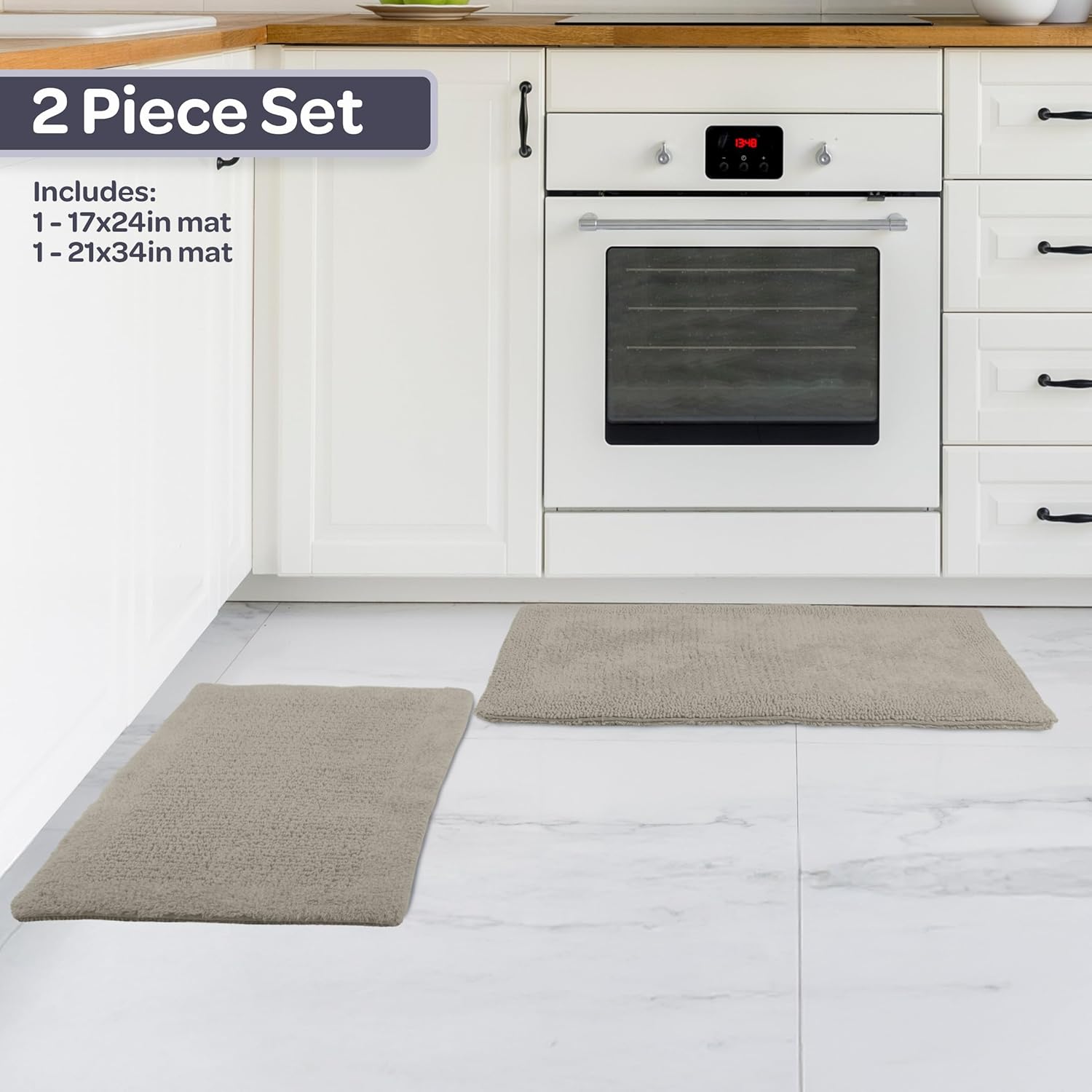 Bathroom Rugs - 2-Piece 2500GSM Cotton Bath Mat Set - Reversible Rugs for Shower, Tub, Toilet, or Vanity - Machine Washable Bath Mats for Bathroom, Kitchen, or Laundry Room by Lavish Home (Taupe)