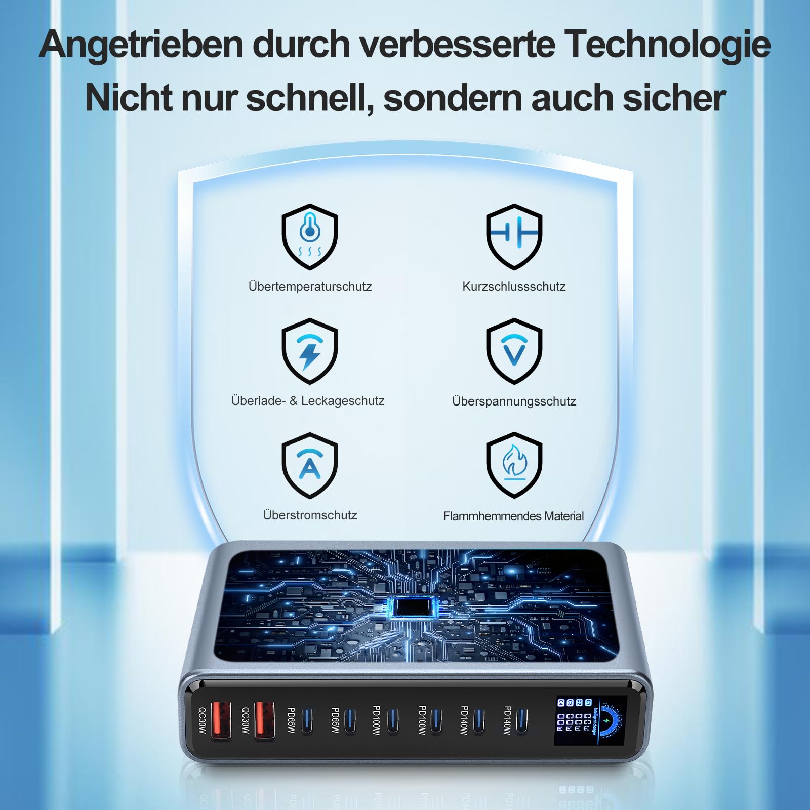 670W USB C Ladegerät, 8 Port Laptop Ladegerät Mehrfach(6C+2A), LCD Display GaN Schnellladegerät Netzteil, 140W PD Charger Kompatibel mit MacBook Pro/Air, iPhone 17/16/15, Galaxy S25 usw (670W)