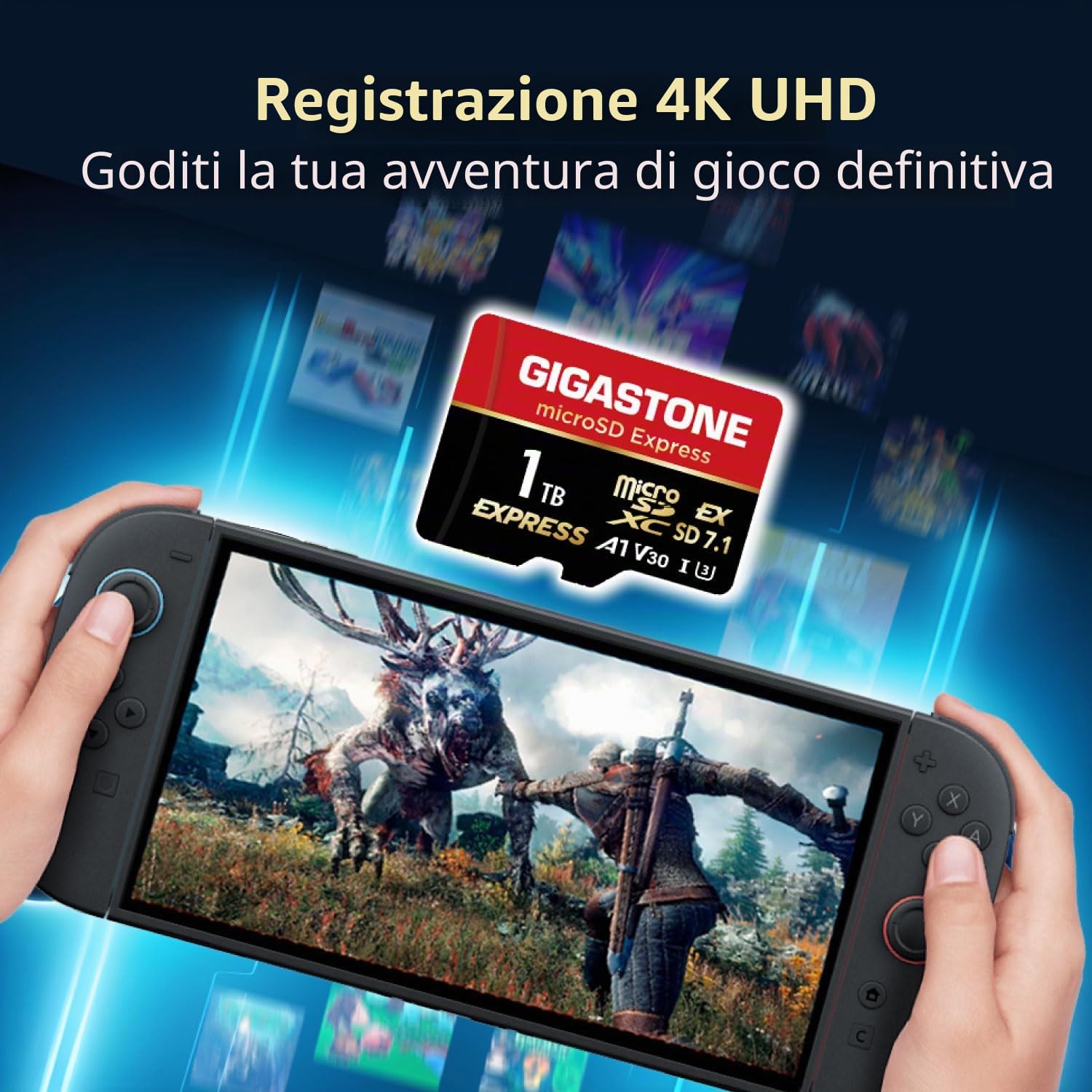 【Progettato per Switch 2】GIGASTONE microSDXC Express 1TB, SD 7.1, R/W fino a 800/650 MB/s, A1 V30 U3, compatibile con Nintendo Switch 2 e fotocamere professionali, con adattatore SD.