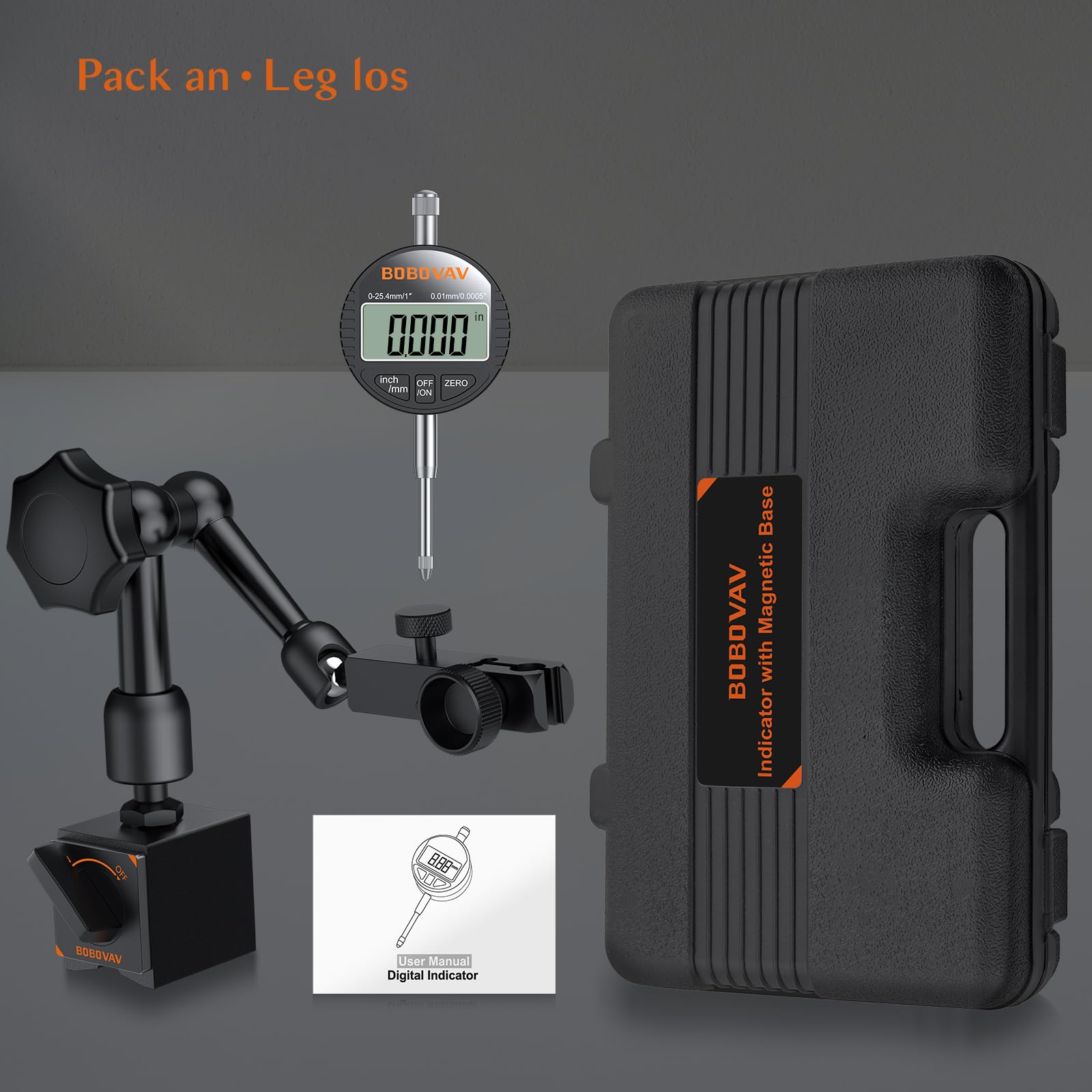 Digital Messuhr-Set mit Magnetfuß 0-25,4 mm, Auflösung 0,01 mm, mm/Zoll umschaltbar, 40 kg Haltekraft, flexibler 3-Gelenk-Arm Messwerkzeug– Für Labor Drehmaschinen, Fräsmaschinen & Werkstatt